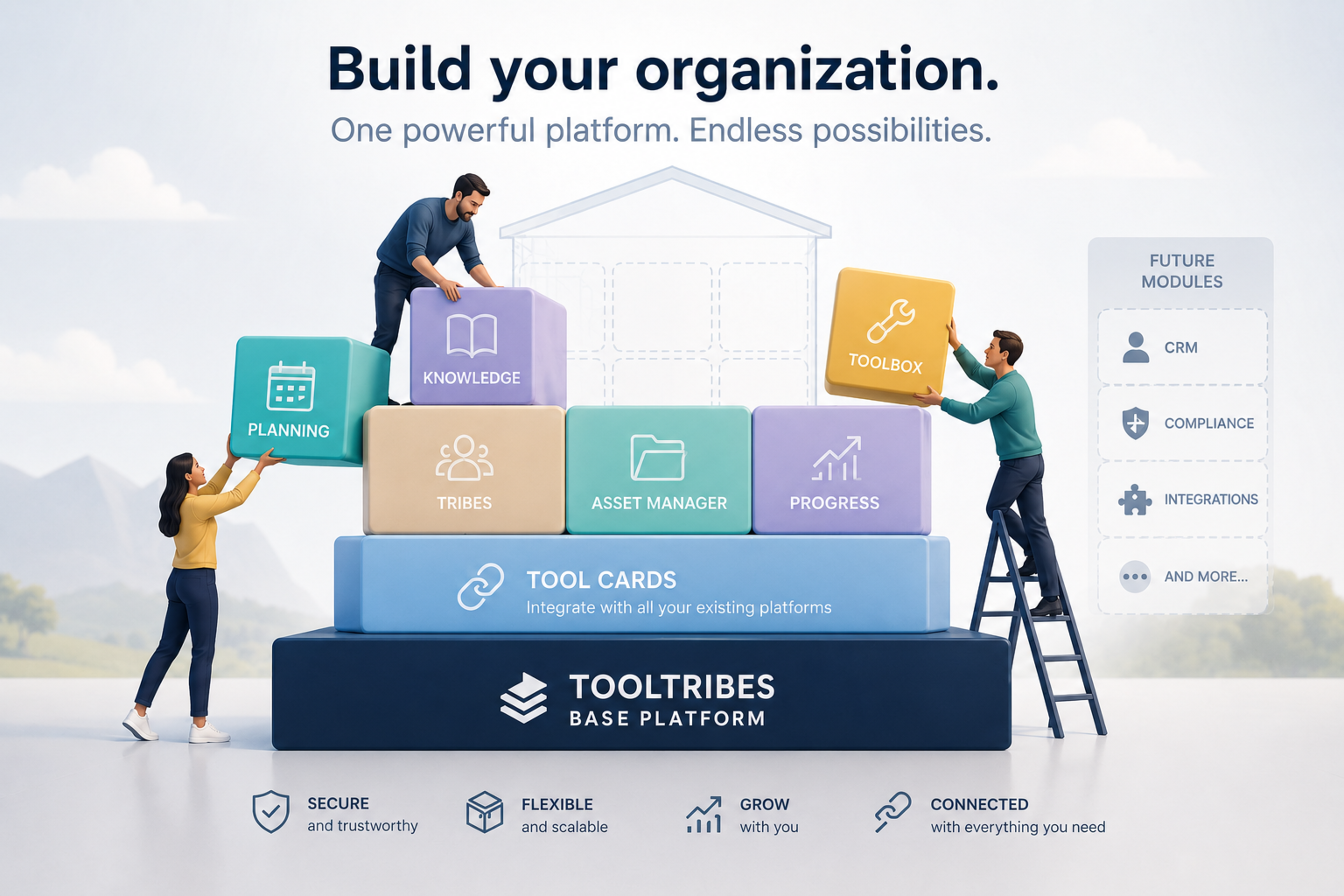 Illustration of people building the Tooltribes organisation with modules on the Tooltribes Base Platform.