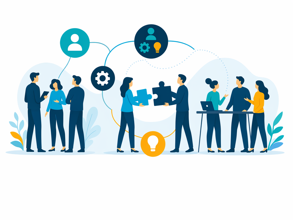 Illustratie van samenwerkende professionals die tools, ideeen en werkafspraken verbinden in een gedeelde Tooltribes-context.